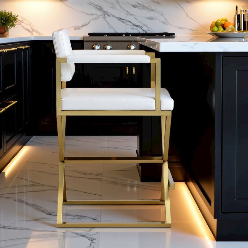 Starlight Canyon Home White Faux Leather Bar Stool With Gold Steel Frame And Back Support Arms image number 3
