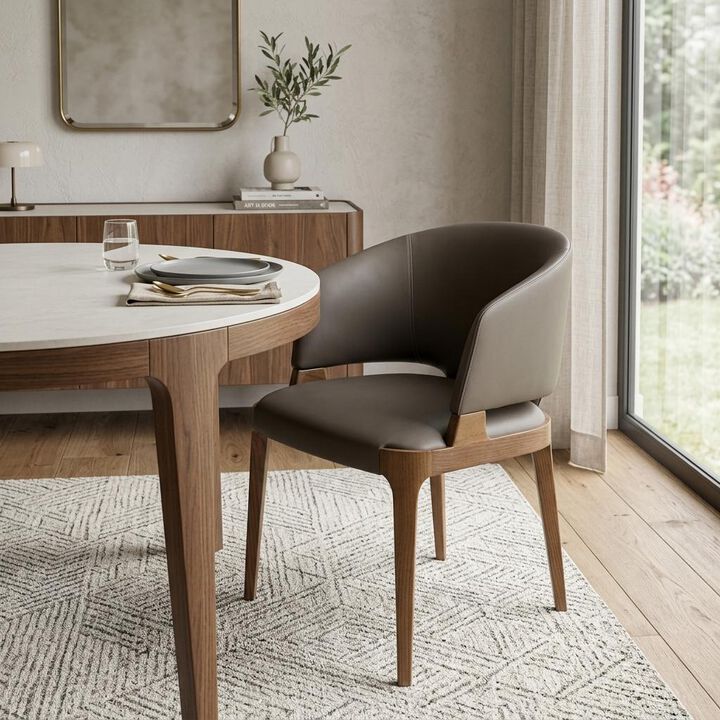 HomeRoots Dark Gray And Brown Upholstered Faux Leather Wing Back Dining Arm Chair