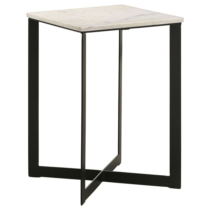 Sovi 24 Inch Side End Table, Square Marble Top, Black Metal Frame, White image number 0