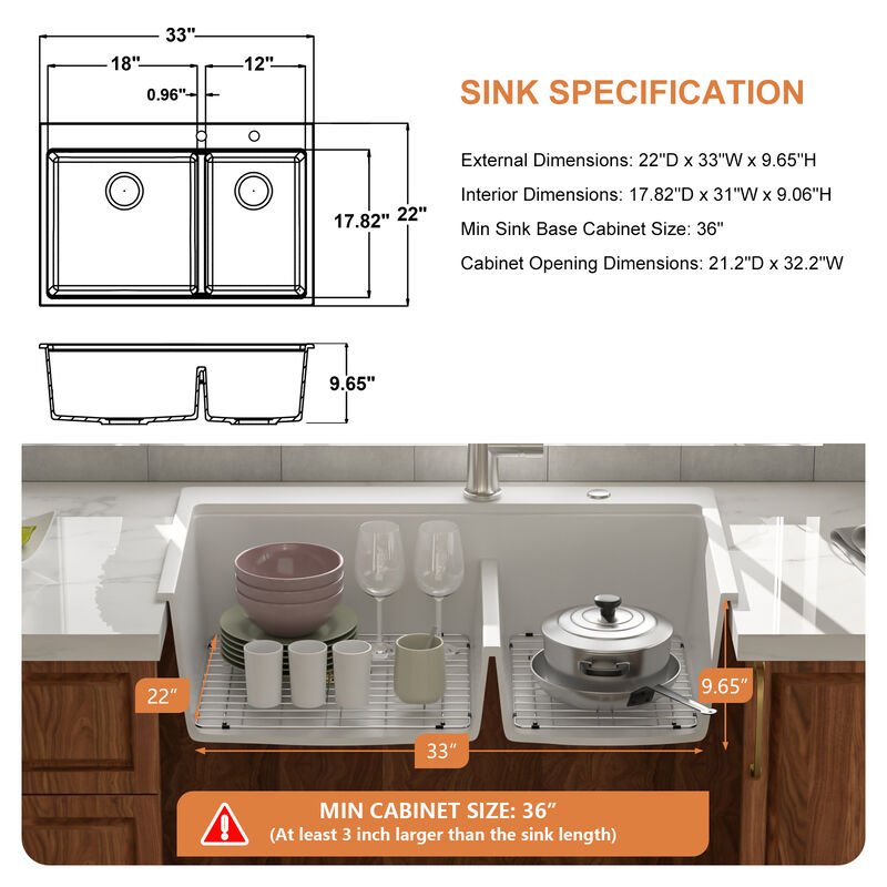 33x22x10 Inch White Granite Composite Workstation kitchen Sink Low Divide 60/40 Double Bowl Quartz Drop In Kitchen Sink