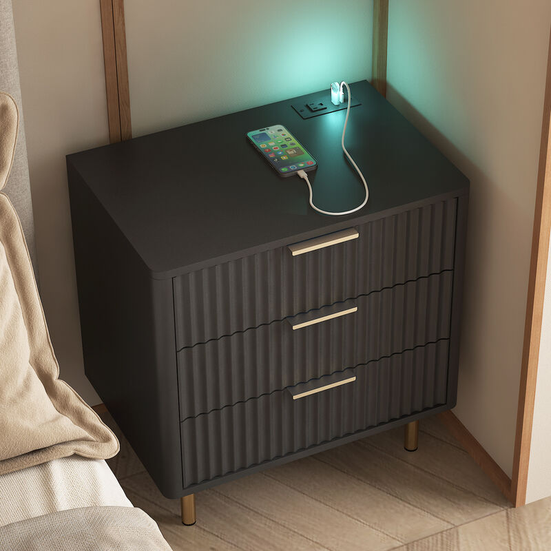 Assembled Nightstand with Charging Station Voice Light USB Storage Cabinet image number 3