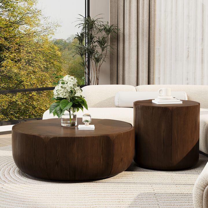 Round Outdoor Indoor Coffee Table Set, Modern Wood Grain Drum Center Table Set, Sturdy Waterproof(Set of 2)