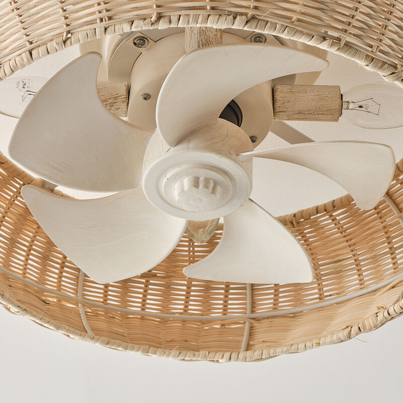 19.7" Bohemian Handwoven Rattan Caged Antique White Reversible Ceiling Fan with Light and Remote image number 9