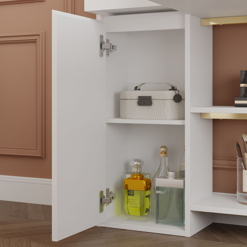 FUFU&GAGA Nail Station with Gold Handles Tempered Glass Top Integrated Vacuum and LED Shelves 47.2''L x 29.5''W x 49.8''H White