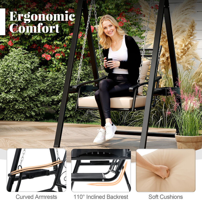 Outdoor Garden Porch Swing with Removable Cushions and Built-In Side Tables-Black image number 6