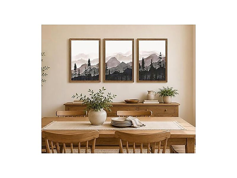 Framed Mountain Wall Art Set 3 Forest Landscape Canvas Modern Nature Decor Wood image number 3