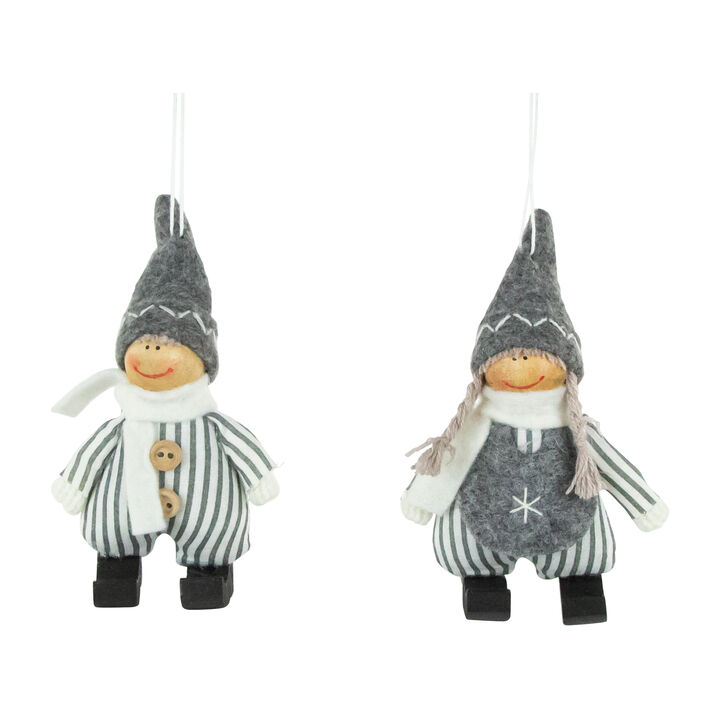 Set of 2 Gray and White Striped Plush Twin Gnomes Christmas Ornaments 5.5"