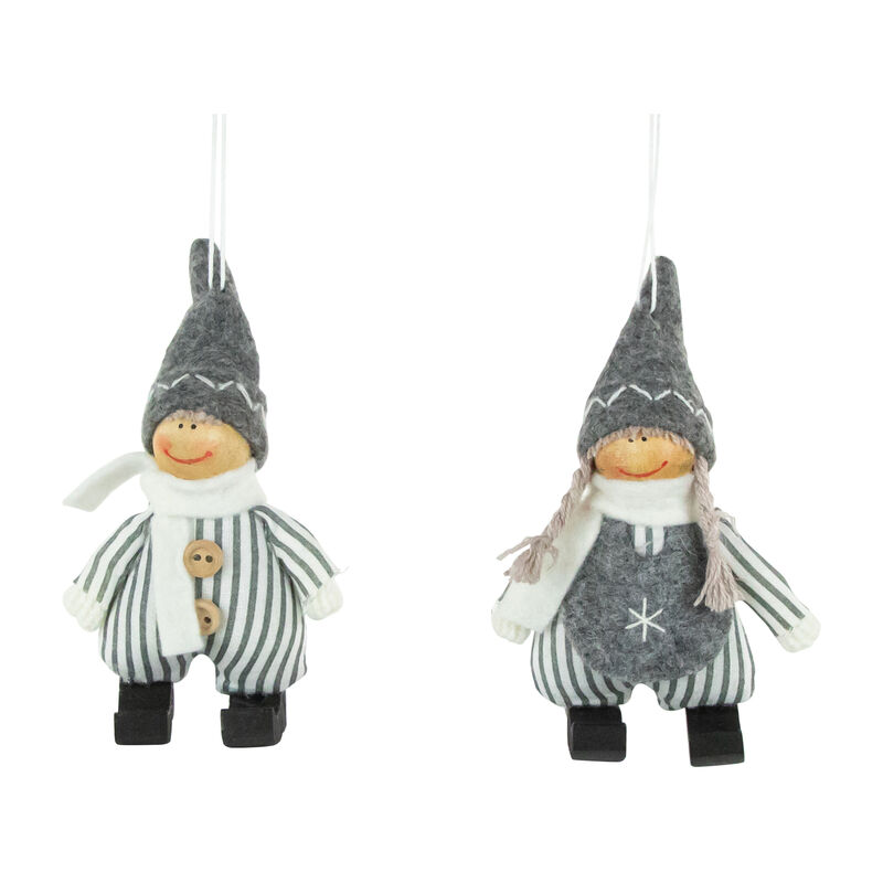 Set of 2 Gray and White Striped Plush Twin Gnomes Christmas Ornaments 5.5" image number 0