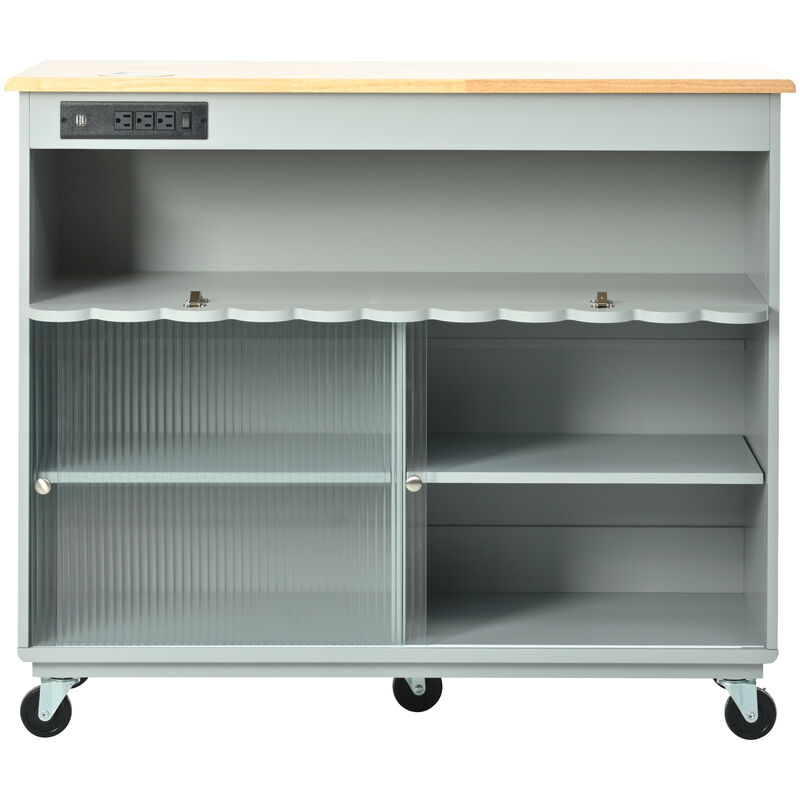 Merax Kitchen Island with Drop Leaf, LED Light Kitchen Cart on Wheels with Power Outlets, 2 Sliding Fluted Glass Doors