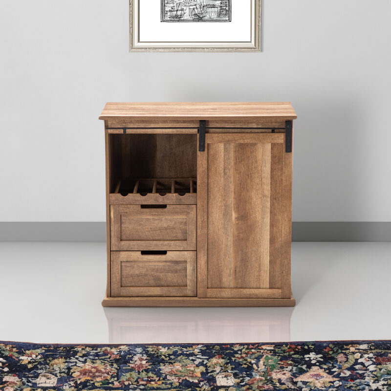 Rustic Wine Cabinet with Barn Door and 2 Drawers, Natural-Benzara