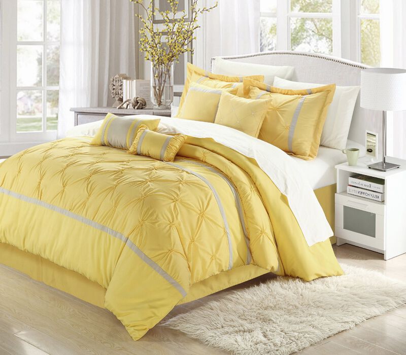Chic Home Vermont Embroidered Solid Pleating 12 Pieces Comforter Bed In A Bag - Queen 90x90, Yellow