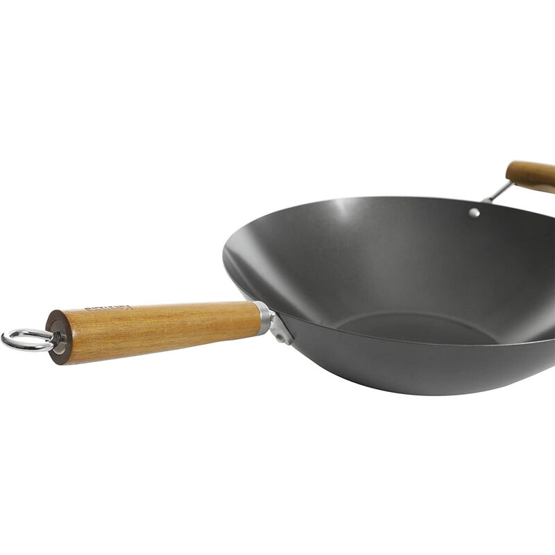 Kenmore Hammond 14 Inch Flat Bottom Carbon Steel Wok in Black with Wooden Handles