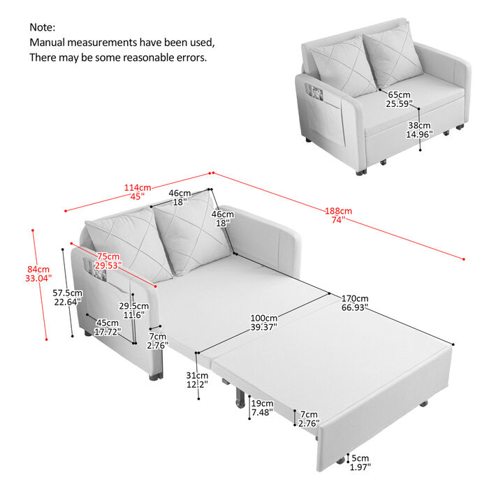 Modern Love Seat Futon Sofa Bed with Headboard, Linen Love seat Couch, PUll Out Sofa Bed With 2 Pillows 2 Sides Pockets for Any Small Spaces