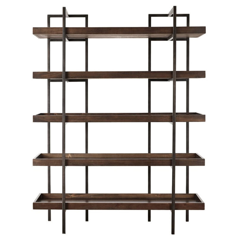 Bookcase with 5 Fixed Wooden Shelves and Metal Frame, Brown and Black-Benzara