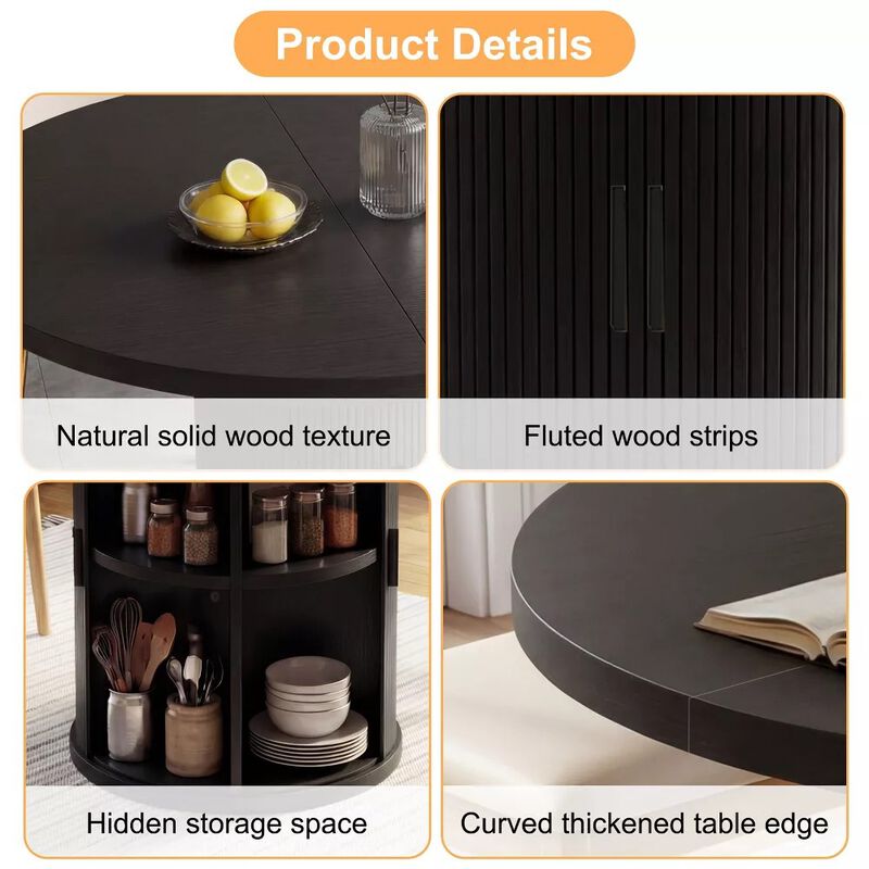 Vipbear 35.43" Round Dining Table for 4, Modern Wooden Kitchen Table with Built-in Storage Shelves image number 3