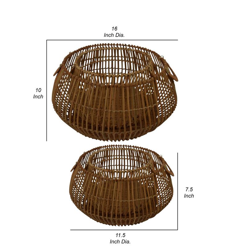 Xolu Set of 2 Storage Baskets, Natural Woven Bamboo, Round Shape, Brown - Benzara