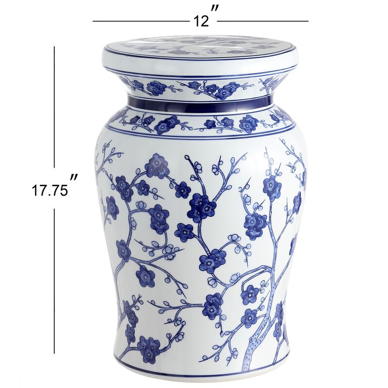 Cherry Blossom 17.7" Ceramic Garden Stool, White/Blue