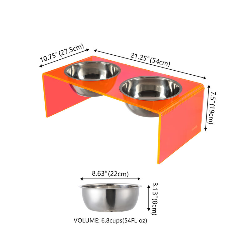 Keaton Modern Acrylic Rectangular Elevated Pet Feeder with Stainless Steel Bowls