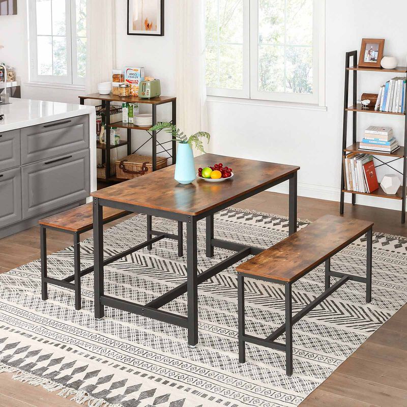 Set of 2 Rustic Brown Dining Table Benches for Kitchen and Dining Room image number 1