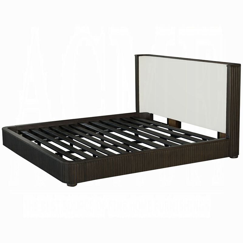 Jeh King Size Bed, White Upholstered, Espresso Brown Ribbed Details - Benzara
