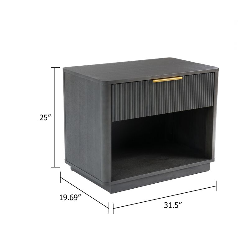 Noe Celia Nightstand, Retro Gray Rubberwood and Faux Wood, 32 Inch - Benzara