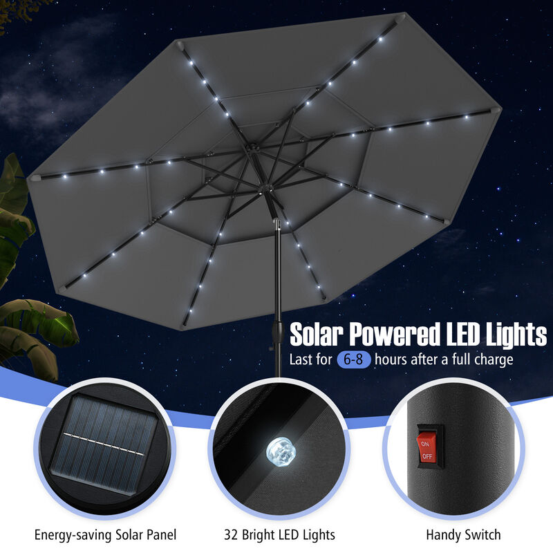 Solar Patio Umbrella with 32 LED Lights 3-Tier Vented Top