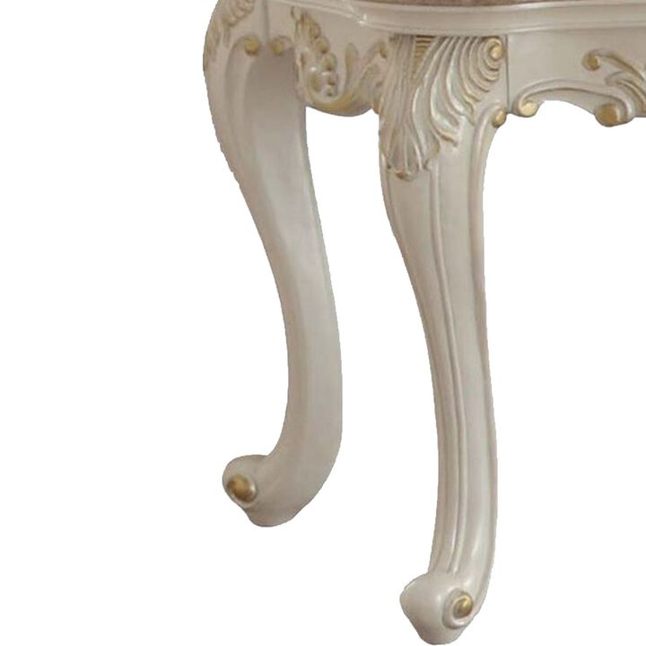 Wooden End Table With Marble Top, Pearl White-Benzara