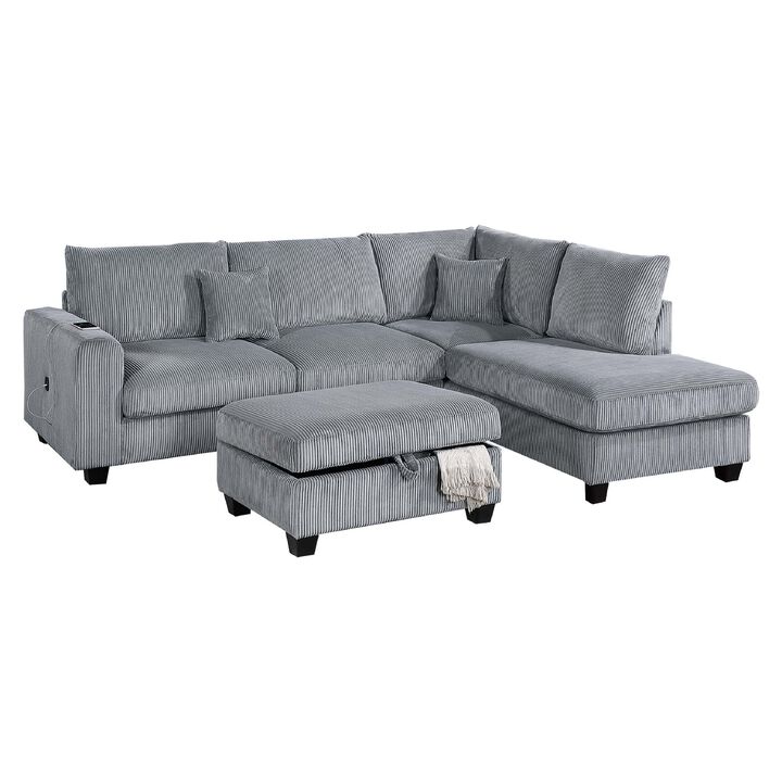 Roe 3pc Sectional Sofa Set w Chaise, Ottoman, 2 Pillows, Fog Gray - Benzara