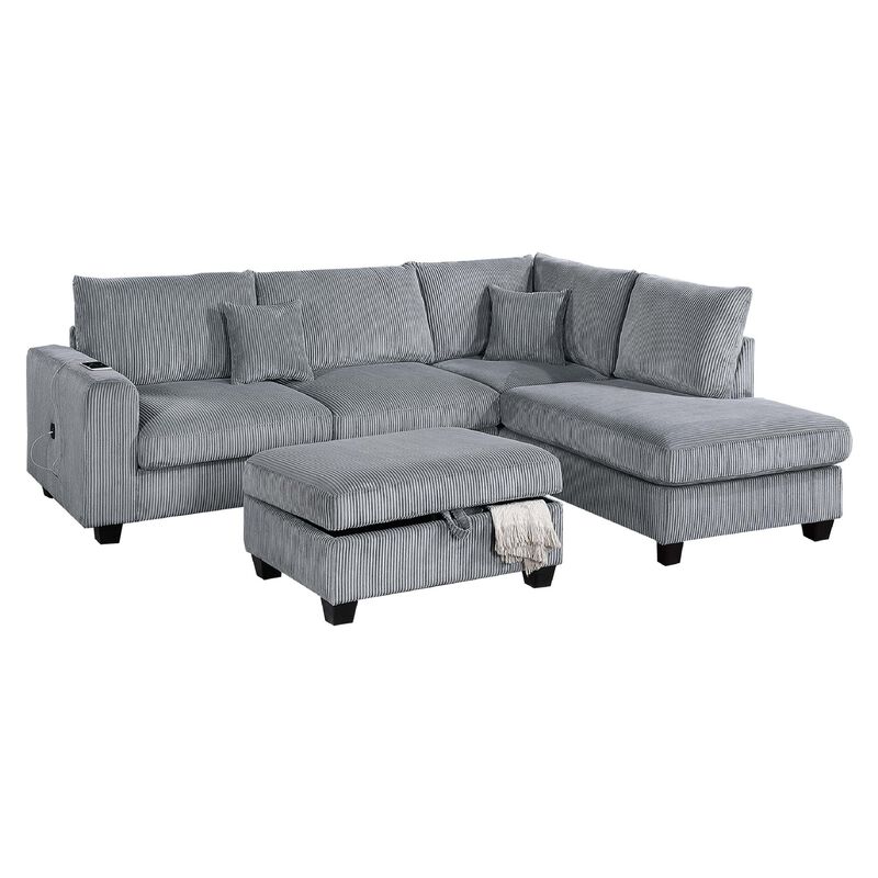 Roe 3pc Sectional Sofa Set w Chaise, Ottoman, 2 Pillows, Fog Gray - Benzara