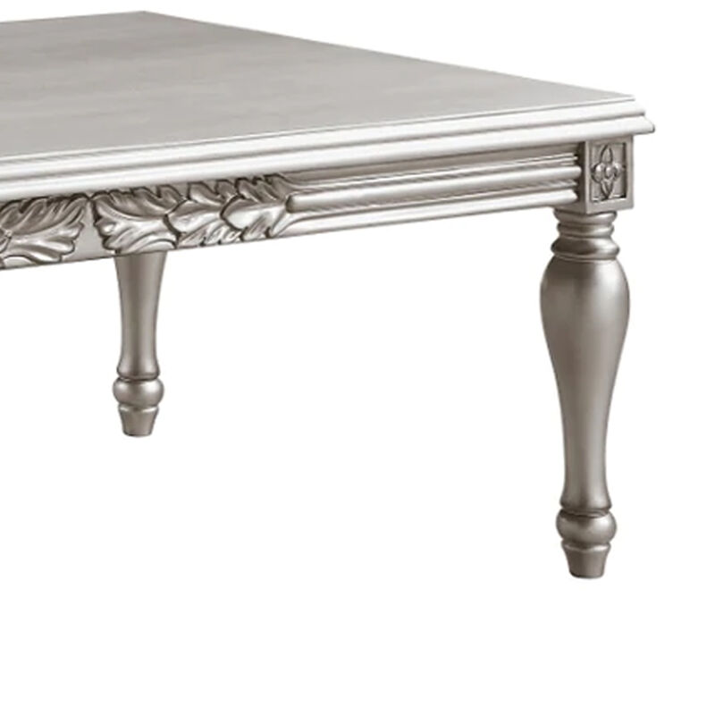 Sto 59 Inch Classic Coffee Table, Floral Trim, Turned Legs, Wood, Silver-Benzara