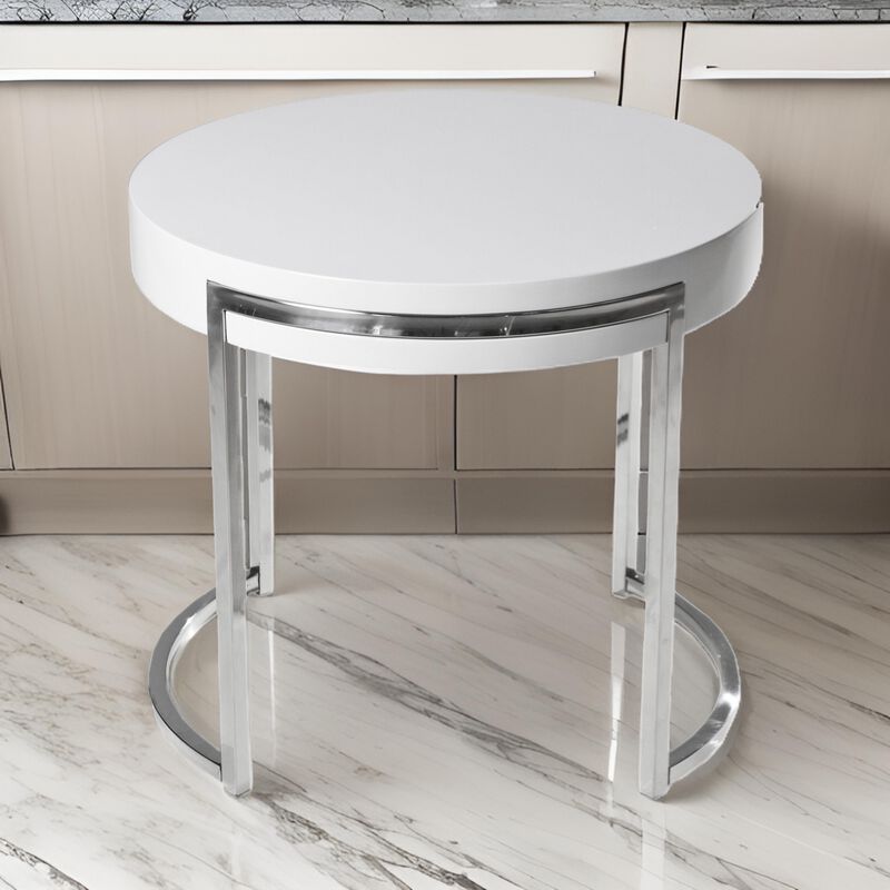 Dami 22 Inch Side End Table, White Lacquer Round Top, Open Metal Frame