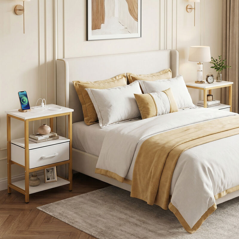 Set of 2 Nightstands with Built in Charging Station and Fabric Drawer for Bedroom-White