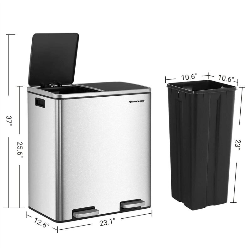 Hivvago Dual Stainless Steel 16 Gallon Trash Can Recycle Bin with 2 Step on Pedal Lids