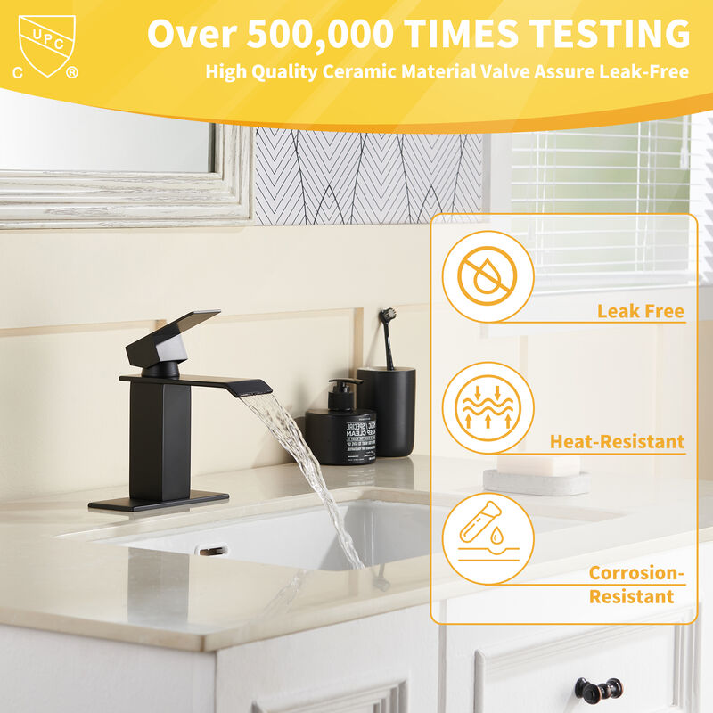 Mondawe Waterfall Spout Bathroom Sink Faucet, Single Handle 1/3 Hole Deck Mount Basin Hot & Cold Water Tap for Bathroom Lavatory