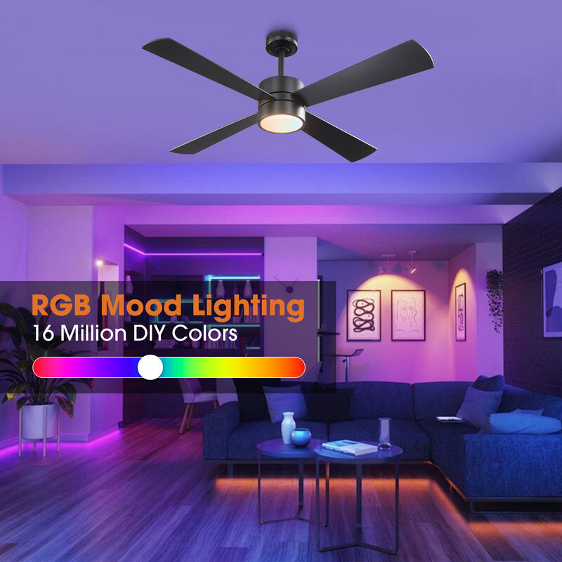 52 in. Smart Matte Black Reversible Blades Ceiling Fan with RGB Light and APP Control & Remote