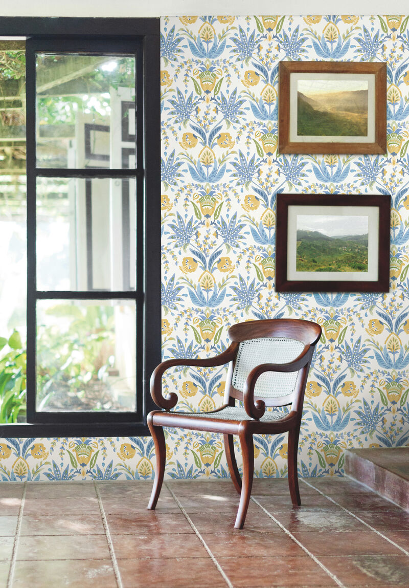 Seaside Jacobean Yellow & Blue Wallpaper image number 2