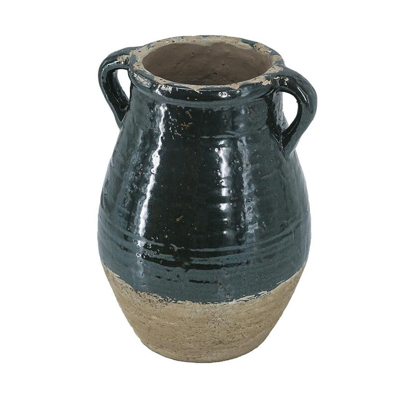HomeRoots 13" Forest Green And Sand Color Block Terracotta Round Jug Vase image number 3