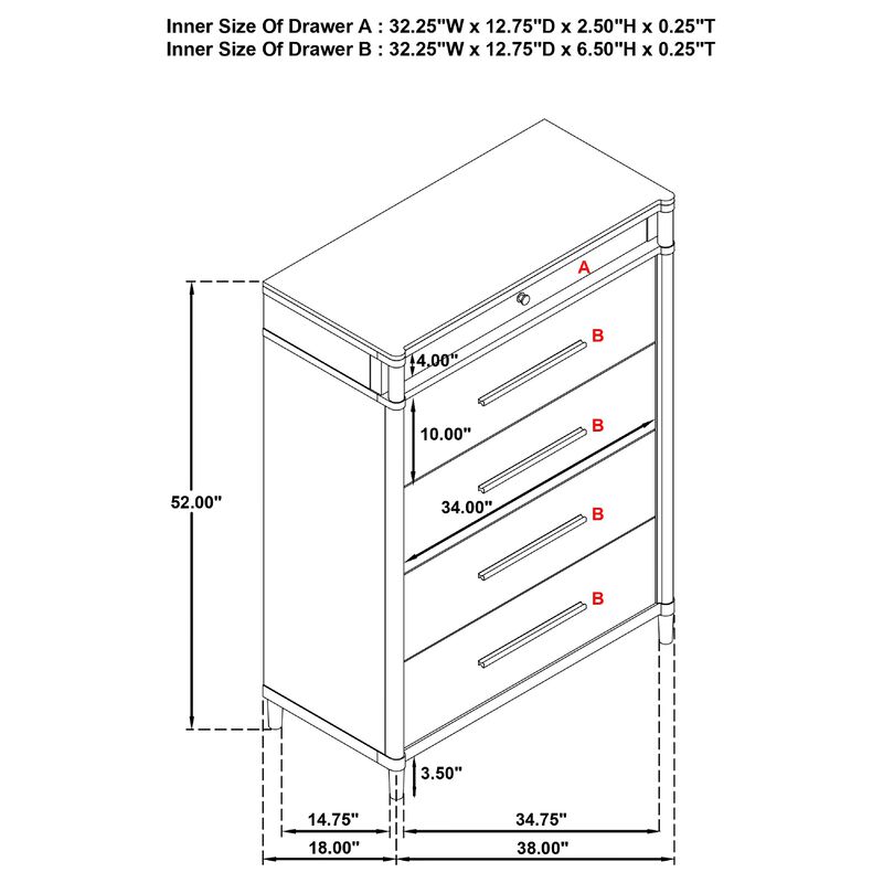 Ruvie Tall Chest 5 Drawers w Felt lined Jewellery Drawer, White Wood image number 7