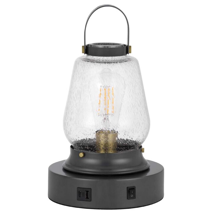 Jerry Lantern Table Lamp, Bubble Glass Shade, USB Ports, Dark Bronze