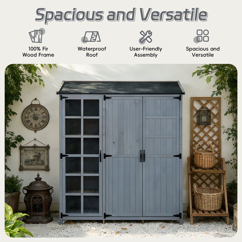 Whisen 60.6" Rustic Fir Wood Garden Shed with 2 Drawers, 7 Shelves & Workstation, Outdoor Backyard Storage Cabinet image number 4