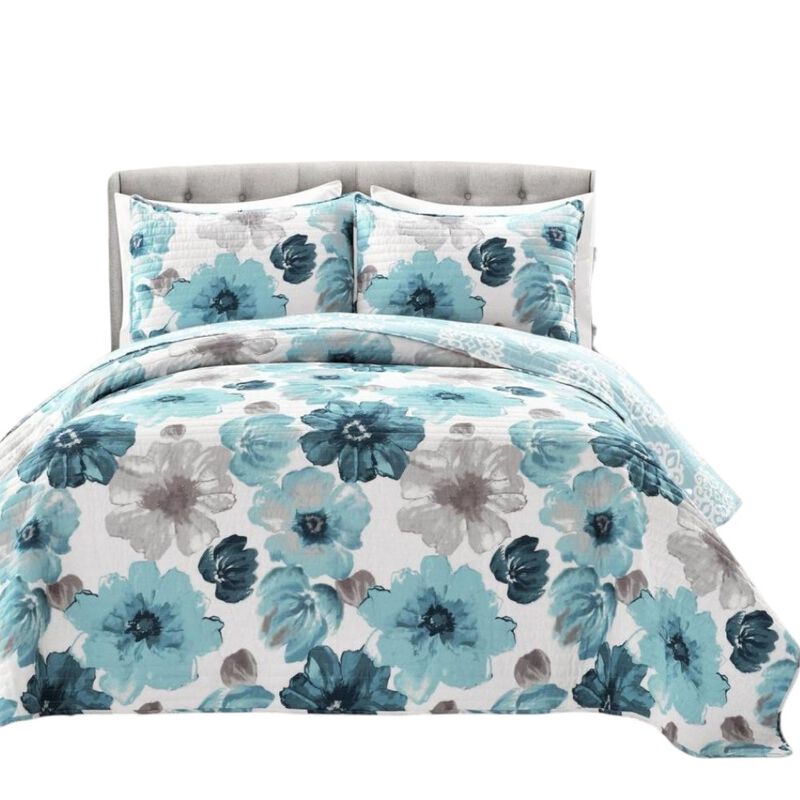 Hivvago Blue Grey Flowers Lightweight Polyester Microfiber Quilt Set
