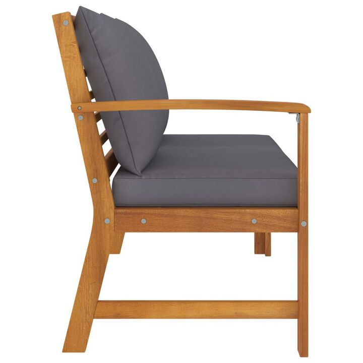 Patio Bench w Gray Cushions, Slatted Brown Solid Acacia Wood, 45 Inch - Benzara