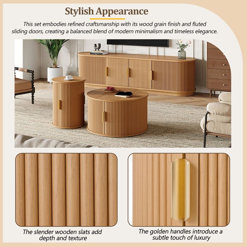 Clihome Wooden TV Stand Coffee Table Set with Fluted Sliding Door for Living Room image number 2