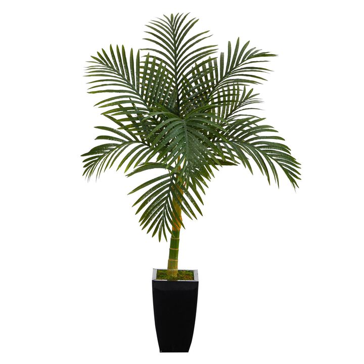 Nearly Natural 4.5-in Golden Cane Artificial Palm Tree in Black Metal Planter