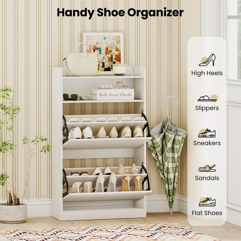 Hidden Shoe Rack Cabinet with 2 Flip Drawers and Customizable Shelving-White image number 7