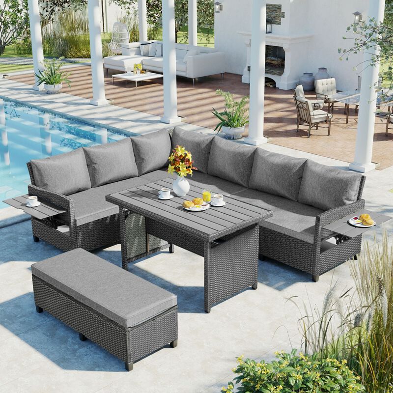 5-Piece Outdoor Patio Rattan Sofa Set, Sectional PE Wicker L-Shaped Garden Furniture Set with 2 Extendable Side Tables, Dining Table and Washable Covers for Backyard, Poolside, Indoor, Gray