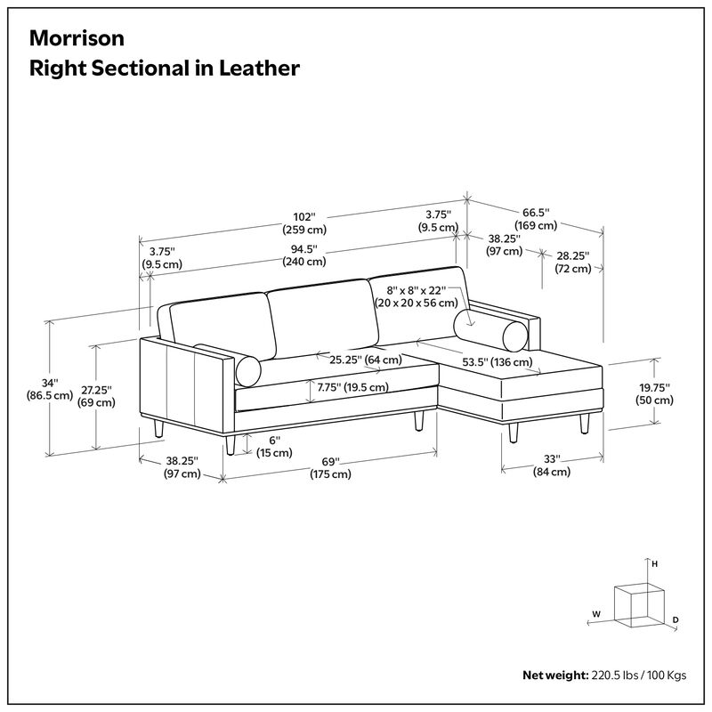 Morrison Mid Century Right Sectional 102 inch Wide Sofa Sectional in Caramel Brown Genuine Leather