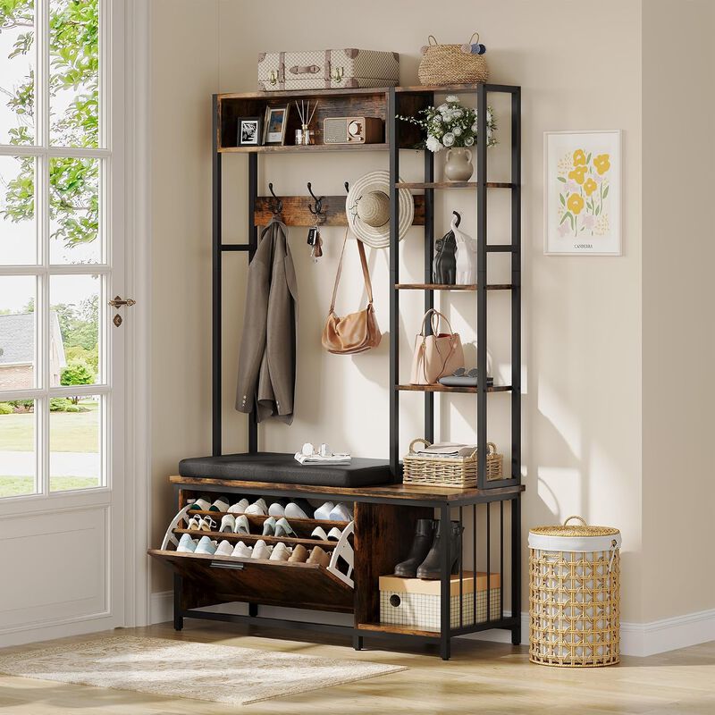 Hall Tree with Bench and Shoe Storage, 39.4" Entryway Bench with Coat Rack freestanding, Wall Rack 4 Hooks and Shelves, 39.37" x 15.74&ldquo; x 69.69" image number 1