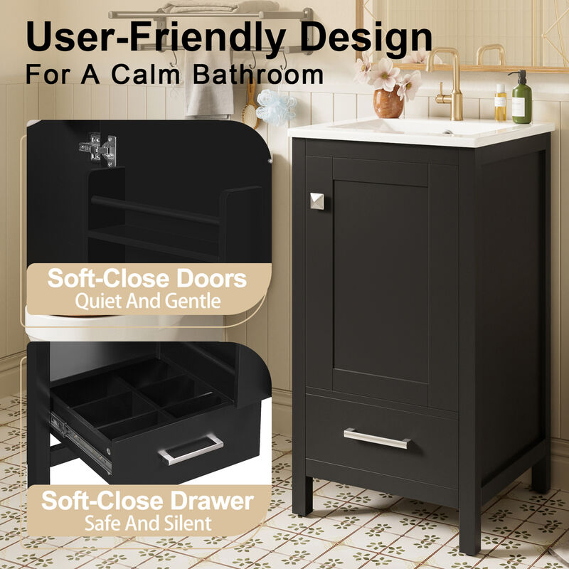 ELEMENT ACE Compact Bathroom Vanity with Integrated Ceramic Sink, Soft-Close Drawer & Door, Divider Drawer, Adjustable Foot Pads for Small Bathrooms image number 7