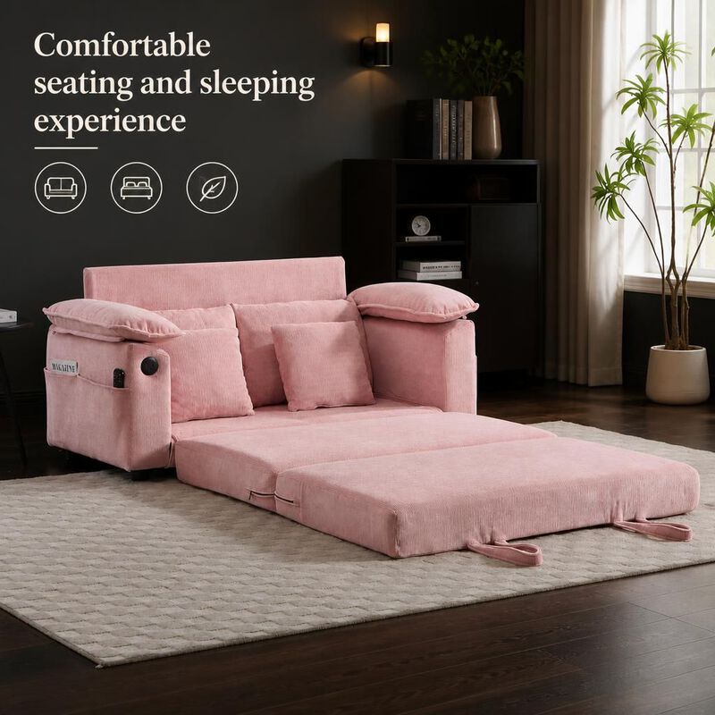 GOODSILO 3-in-1 Upholstered Convertible Futon Sofa Bed, Foldable Tufted Loveseat Pull Out Sleeper Couch with Side Pockets for Small Living Spaces image number 4